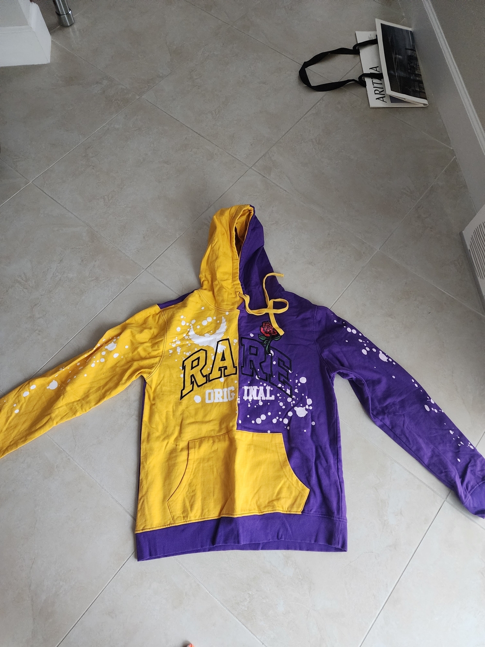 Rue21 Half Yellow Half Purple Hooded Sweatshirt with Paint-Splatter